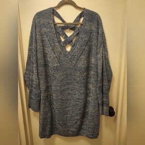 Heathered Blue/White V-Neck Sweater w Criss Cross Back